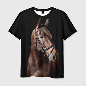 Мужская футболка 3D с принтом Гнедая лошадь в Санкт-Петербурге, 100% полиэфир | прямой крой, круглый вырез горловины, длина до линии бедер | Тематика изображения на принте: animal | beautiful | black | brown | eyes | gloss | harness | horse | look | muzzle | взгляд | глаза | гнедая | животное | конь | коричневый | красивый | лоск | лошадь | сбруя | скакун | черный