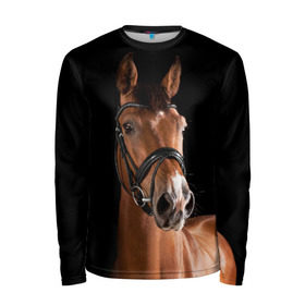 Мужской лонгслив 3D с принтом Гнедая лошадь в Санкт-Петербурге, 100% полиэстер | длинные рукава, круглый вырез горловины, полуприлегающий силуэт | animal | beautiful | black | brown | eyes | gloss | harness | horse | look | muzzle | взгляд | глаза | гнедая | животное | конь | коричневый | красивый | лоск | лошадь | сбруя | скакун | черный