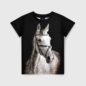 Детская футболка 3D с принтом Серный в яблоках конь в Санкт-Петербурге, 100% гипоаллергенный полиэфир | прямой крой, круглый вырез горловины, длина до линии бедер, чуть спущенное плечо, ткань немного тянется | animal | beautiful | black | eyes | gloss | harness | horse | look | muzzle | spotted | white | белый | в яблоках | взгляд | глаза | животное | конь | красивый | лоск | лошадь | пятнистый | сбруя | серый | скакун | черный