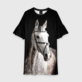 Детское платье 3D с принтом Серный в яблоках конь в Санкт-Петербурге, 100% полиэстер | прямой силуэт, чуть расширенный к низу. Круглая горловина, на рукавах — воланы | animal | beautiful | black | eyes | gloss | harness | horse | look | muzzle | spotted | white | белый | в яблоках | взгляд | глаза | животное | конь | красивый | лоск | лошадь | пятнистый | сбруя | серый | скакун | черный