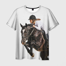 Мужская футболка 3D с принтом Наездница в Санкт-Петербурге, 100% полиэфир | прямой крой, круглый вырез горловины, длина до линии бедер | animal | coffee | girl | harness | horse | rider | riding | sport | white | woman | белый | девушка | езда | женщина | животное | конь | кофейный | лошадь | наездница | сбруя | спорт