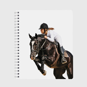 Тетрадь с принтом Наездница в Санкт-Петербурге, 100% бумага | 48 листов, плотность листов — 60 г/м2, плотность картонной обложки — 250 г/м2. Листы скреплены сбоку удобной пружинной спиралью. Уголки страниц и обложки скругленные. Цвет линий — светло-серый
 | Тематика изображения на принте: animal | coffee | girl | harness | horse | rider | riding | sport | white | woman | белый | девушка | езда | женщина | животное | конь | кофейный | лошадь | наездница | сбруя | спорт