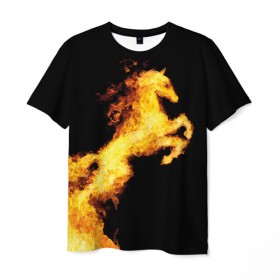 Мужская футболка 3D с принтом Огненный конь в Санкт-Петербурге, 100% полиэфир | прямой крой, круглый вырез горловины, длина до линии бедер | animal | beautiful | black | fiery | fire | horse | mane | wild | грива | дикий | животное | конь | красивый | лошадь | огненный | огонь | скакун | черный