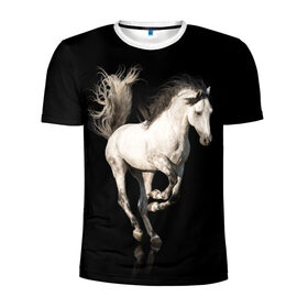 Мужская футболка 3D спортивная с принтом Серный в яблоках конь в Санкт-Петербурге, 100% полиэстер с улучшенными характеристиками | приталенный силуэт, круглая горловина, широкие плечи, сужается к линии бедра | animal | beautiful | black | gloss | horse | mane | mustang | muzzle | white | wild | белый | в яблоках | грива | дикий | животное | конь | красивый | лоск | лошадь | мустанг | серый | скакун | черный