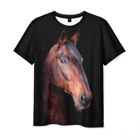 Мужская футболка 3D с принтом Гнедая лошадь в Санкт-Петербурге, 100% полиэфир | прямой крой, круглый вырез горловины, длина до линии бедер | animal | beautiful | black | brown | chocolate | eyes | gloss | horse | look | muzzle | portrait | взгляд | глаза | животное | конь | коричневый | красивый | лоск | лошадь | портрет | скакун | черный | шоколадный