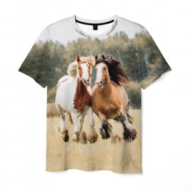 Мужская футболка 3D с принтом Лошади в Санкт-Петербурге, 100% полиэфир | прямой крой, круглый вырез горловины, длина до линии бедер | animal | free | horse | mane | nature | pair | polish | wild | грива | дикий | животное | конь | лоск | лошадь | пара | природа | свободный | скакун