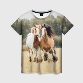 Женская футболка 3D с принтом Лошади в Санкт-Петербурге, 100% полиэфир ( синтетическое хлопкоподобное полотно) | прямой крой, круглый вырез горловины, длина до линии бедер | animal | free | horse | mane | nature | pair | polish | wild | грива | дикий | животное | конь | лоск | лошадь | пара | природа | свободный | скакун