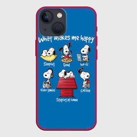 Чехол для iPhone 13 mini с принтом Что делает меня счастливым в Санкт-Петербурге,  |  | happy | makes | me | peanuts | snoopy | what | арахис | вудсток | пес | сабака | снупи | собака | чарли браун | щенок