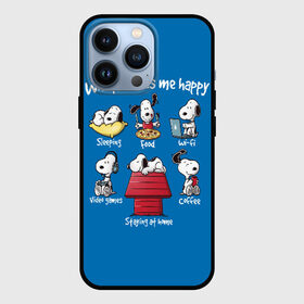 Чехол для iPhone 13 Pro с принтом Что делает меня счастливым в Санкт-Петербурге,  |  | Тематика изображения на принте: happy | makes | me | peanuts | snoopy | what | арахис | вудсток | пес | сабака | снупи | собака | чарли браун | щенок