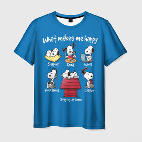 Мужская футболка 3D с принтом Что делает меня счастливым в Санкт-Петербурге, 100% полиэфир | прямой крой, круглый вырез горловины, длина до линии бедер | Тематика изображения на принте: happy | makes | me | peanuts | snoopy | what | арахис | вудсток | пес | сабака | снупи | собака | чарли браун | щенок
