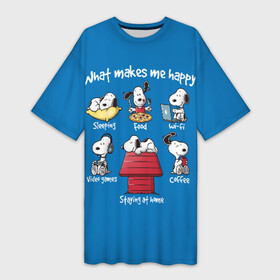 Платье-футболка 3D с принтом Что делает меня счастливым в Санкт-Петербурге,  |  | Тематика изображения на принте: happy | makes | me | peanuts | snoopy | what | арахис | вудсток | пес | сабака | снупи | собака | чарли браун | щенок
