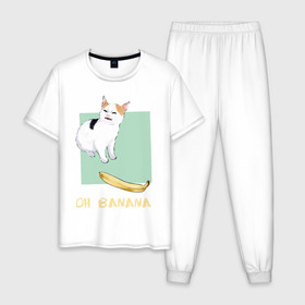 Мужская пижама хлопок с принтом Banana Cat в Санкт-Петербурге, 100% хлопок | брюки и футболка прямого кроя, без карманов, на брюках мягкая резинка на поясе и по низу штанин
 | cat | meme | picture | банан | картинки | кот | котики | коты | кошки | мем | прикольные