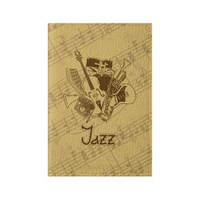 Обложка для паспорта матовая кожа с принтом Jazz в Санкт-Петербурге, натуральная матовая кожа | размер 19,3 х 13,7 см; прозрачные пластиковые крепления | brown | cello | drum | guitar | instrument | jazz | musical | retro | saxophone | sheet music | trumpet | vintage | yellow | барабан | винтаж | виолончель | гитара | джаз | желтый | инструмент | коричневый | музыка | музыкальный | ноты | ретро | сак