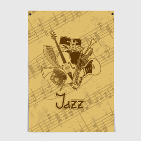 Постер с принтом Jazz в Санкт-Петербурге, 100% бумага
 | бумага, плотность 150 мг. Матовая, но за счет высокого коэффициента гладкости имеет небольшой блеск и дает на свету блики, но в отличии от глянцевой бумаги не покрыта лаком | brown | cello | drum | guitar | instrument | jazz | musical | retro | saxophone | sheet music | trumpet | vintage | yellow | барабан | винтаж | виолончель | гитара | джаз | желтый | инструмент | коричневый | музыка | музыкальный | ноты | ретро | сак