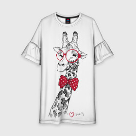 Детское платье 3D с принтом Жираф в Санкт-Петербурге, 100% полиэстер | прямой силуэт, чуть расширенный к низу. Круглая горловина, на рукавах — воланы | animal | bow tie | cool | giraffe | gray | red | white | белый | галстук  бабочка | животное | жираф | красный | очки | прикольный | серый