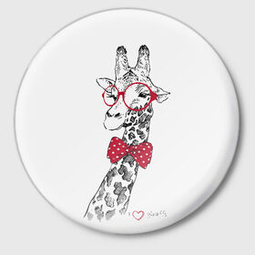 Значок с принтом Жираф в Санкт-Петербурге,  металл | круглая форма, металлическая застежка в виде булавки | animal | bow tie | cool | giraffe | gray | red | white | белый | галстук  бабочка | животное | жираф | красный | очки | прикольный | серый
