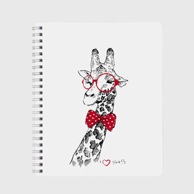 Тетрадь с принтом Жираф в Санкт-Петербурге, 100% бумага | 48 листов, плотность листов — 60 г/м2, плотность картонной обложки — 250 г/м2. Листы скреплены сбоку удобной пружинной спиралью. Уголки страниц и обложки скругленные. Цвет линий — светло-серый
 | animal | bow tie | cool | giraffe | gray | red | white | белый | галстук  бабочка | животное | жираф | красный | очки | прикольный | серый