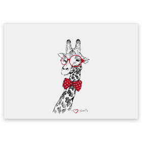 Поздравительная открытка с принтом Жираф в Санкт-Петербурге, 100% бумага | плотность бумаги 280 г/м2, матовая, на обратной стороне линовка и место для марки
 | Тематика изображения на принте: animal | bow tie | cool | giraffe | gray | red | white | белый | галстук  бабочка | животное | жираф | красный | очки | прикольный | серый