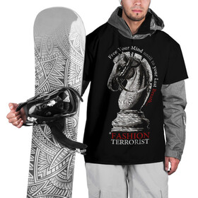 Накидка на куртку 3D с принтом A Fashion Terrorist в Санкт-Петербурге, 100% полиэстер |  | Тематика изображения на принте: black | chess | cool | figure | horse | red | slogan | style | white | белый | конь | красный | лошадь | прикольный | слоган | стиль | фигура | черный | шахматы
