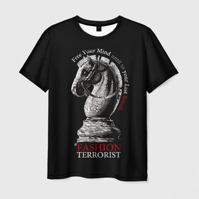 Мужская футболка 3D с принтом A Fashion Terrorist в Санкт-Петербурге, 100% полиэфир | прямой крой, круглый вырез горловины, длина до линии бедер | black | chess | cool | figure | horse | red | slogan | style | white | белый | конь | красный | лошадь | прикольный | слоган | стиль | фигура | черный | шахматы