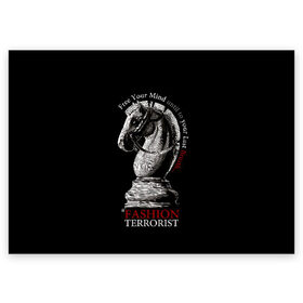Поздравительная открытка с принтом A Fashion Terrorist в Санкт-Петербурге, 100% бумага | плотность бумаги 280 г/м2, матовая, на обратной стороне линовка и место для марки
 | black | chess | cool | figure | horse | red | slogan | style | white | белый | конь | красный | лошадь | прикольный | слоган | стиль | фигура | черный | шахматы