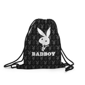 Рюкзак-мешок 3D с принтом Bad boy в Санкт-Петербурге, 100% полиэстер | плотность ткани — 200 г/м2, размер — 35 х 45 см; лямки — толстые шнурки, застежка на шнуровке, без карманов и подкладки | bad boy | bite | bow tie | broken | cool | ear | fighter | logo | man | playboy | rabbit | sign | symbol | white | белый | битый | боец | галстук бабочка | знак | кролик | логотип | любовь | мальчик | мужчина | откушенное | прикольный | сим