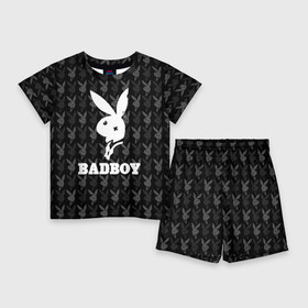 Детский костюм с шортами 3D с принтом Bad boy в Санкт-Петербурге,  |  | bad boy | bite | bow tie | broken | cool | ear | fighter | logo | man | playboy | rabbit | sign | symbol | white | белый | битый | боец | галстук бабочка | знак | кролик | логотип | любовь | мальчик | мужчина | откушенное | прикольный | сим