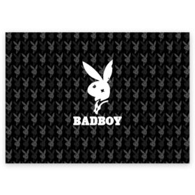 Поздравительная открытка с принтом Bad boy в Санкт-Петербурге, 100% бумага | плотность бумаги 280 г/м2, матовая, на обратной стороне линовка и место для марки
 | bad boy | bite | bow tie | broken | cool | ear | fighter | logo | man | playboy | rabbit | sign | symbol | white | белый | битый | боец | галстук бабочка | знак | кролик | логотип | любовь | мальчик | мужчина | откушенное | прикольный | сим