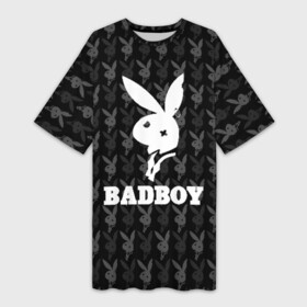 Платье-футболка 3D с принтом Bad boy в Санкт-Петербурге,  |  | bad boy | bite | bow tie | broken | cool | ear | fighter | logo | man | playboy | rabbit | sign | symbol | white | белый | битый | боец | галстук бабочка | знак | кролик | логотип | любовь | мальчик | мужчина | откушенное | прикольный | сим