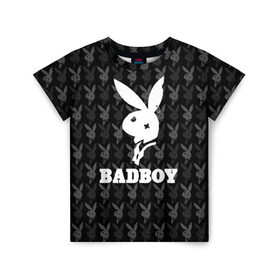 Детская футболка 3D с принтом Bad boy в Санкт-Петербурге, 100% гипоаллергенный полиэфир | прямой крой, круглый вырез горловины, длина до линии бедер, чуть спущенное плечо, ткань немного тянется | bad boy | bite | bow tie | broken | cool | ear | fighter | logo | man | playboy | rabbit | sign | symbol | white | белый | битый | боец | галстук бабочка | знак | кролик | логотип | любовь | мальчик | мужчина | откушенное | прикольный | сим
