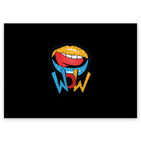 Поздравительная открытка с принтом Wow в Санкт-Петербурге, 100% бумага | плотность бумаги 280 г/м2, матовая, на обратной стороне линовка и место для марки
 | Тематика изображения на принте: blue | dots | lips | pop art | red | teeth | tongue | white | yellow | белый | губы | желтый | зубы | красный | поп  арт | точки | язык