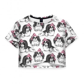 Женская футболка Cropp-top с принтом Японские хины в Санкт-Петербурге, 100% полиэстер | круглая горловина, длина футболки до линии талии, рукава с отворотами | animal | bow | cute | dog | funny | gentle | gray | heart | muzzle | pink | white | бант | белый | животное | забавный | милый | нежный | розовый | сердце | серый | собака