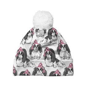 Шапка 3D c помпоном с принтом Японские хины в Санкт-Петербурге, 100% полиэстер | универсальный размер, печать по всей поверхности изделия | animal | bow | cute | dog | funny | gentle | gray | heart | muzzle | pink | white | бант | белый | животное | забавный | милый | нежный | розовый | сердце | серый | собака