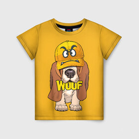 Детская футболка 3D с принтом Woof в Санкт-Петербурге, 100% гипоаллергенный полиэфир | прямой крой, круглый вырез горловины, длина до линии бедер, чуть спущенное плечо, ткань немного тянется | animal | cap | dog | funny | slogan | text | yellow | бассет хаунд | желтый | животное | забавный | кепка | прикольный | слоган | смешной | собака | текст