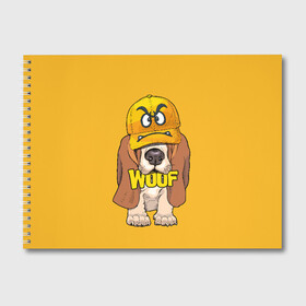 Альбом для рисования с принтом Woof в Санкт-Петербурге, 100% бумага
 | матовая бумага, плотность 200 мг. | animal | cap | dog | funny | slogan | text | yellow | бассет хаунд | желтый | животное | забавный | кепка | прикольный | слоган | смешной | собака | текст