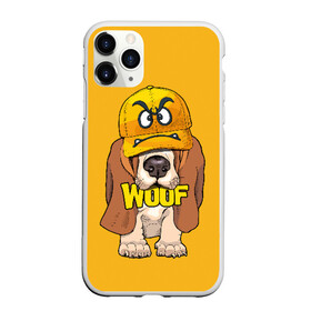 Чехол для iPhone 11 Pro матовый с принтом Woof в Санкт-Петербурге, Силикон |  | Тематика изображения на принте: animal | cap | dog | funny | slogan | text | yellow | бассет хаунд | желтый | животное | забавный | кепка | прикольный | слоган | смешной | собака | текст
