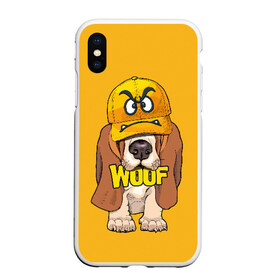 Чехол для iPhone XS Max матовый с принтом Woof в Санкт-Петербурге, Силикон | Область печати: задняя сторона чехла, без боковых панелей | Тематика изображения на принте: animal | cap | dog | funny | slogan | text | yellow | бассет хаунд | желтый | животное | забавный | кепка | прикольный | слоган | смешной | собака | текст