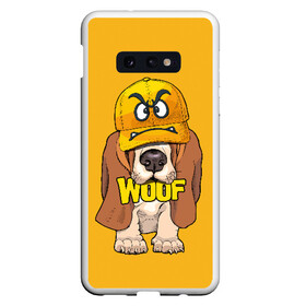 Чехол для Samsung S10E с принтом Woof в Санкт-Петербурге, Силикон | Область печати: задняя сторона чехла, без боковых панелей | Тематика изображения на принте: animal | cap | dog | funny | slogan | text | yellow | бассет хаунд | желтый | животное | забавный | кепка | прикольный | слоган | смешной | собака | текст