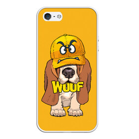 Чехол для iPhone 5/5S матовый с принтом Woof в Санкт-Петербурге, Силикон | Область печати: задняя сторона чехла, без боковых панелей | animal | cap | dog | funny | slogan | text | yellow | бассет хаунд | желтый | животное | забавный | кепка | прикольный | слоган | смешной | собака | текст