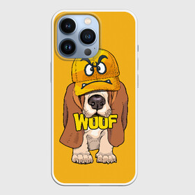 Чехол для iPhone 13 Pro с принтом Woof в Санкт-Петербурге,  |  | animal | cap | dog | funny | slogan | text | yellow | бассет хаунд | желтый | животное | забавный | кепка | прикольный | слоган | смешной | собака | текст