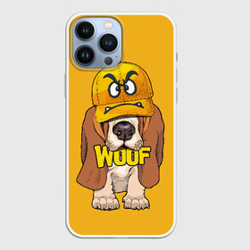 Чехол для iPhone 13 Pro Max с принтом Woof в Санкт-Петербурге,  |  | animal | cap | dog | funny | slogan | text | yellow | бассет хаунд | желтый | животное | забавный | кепка | прикольный | слоган | смешной | собака | текст