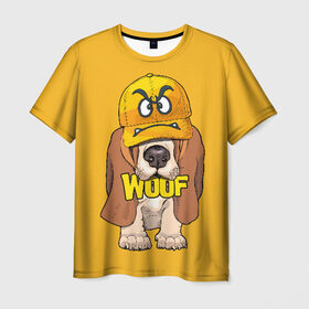 Мужская футболка 3D с принтом Woof в Санкт-Петербурге, 100% полиэфир | прямой крой, круглый вырез горловины, длина до линии бедер | animal | cap | dog | funny | slogan | text | yellow | бассет хаунд | желтый | животное | забавный | кепка | прикольный | слоган | смешной | собака | текст
