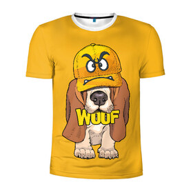 Мужская футболка 3D спортивная с принтом Woof в Санкт-Петербурге, 100% полиэстер с улучшенными характеристиками | приталенный силуэт, круглая горловина, широкие плечи, сужается к линии бедра | animal | cap | dog | funny | slogan | text | yellow | бассет хаунд | желтый | животное | забавный | кепка | прикольный | слоган | смешной | собака | текст