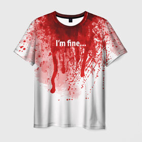 Мужская футболка 3D с принтом I`m fine в Санкт-Петербурге, 100% полиэфир | прямой крой, круглый вырез горловины, длина до линии бедер | Тематика изображения на принте: blood | drops | fear | halloween | holiday | horror | im fine | shock | spray | брызги | капли | кровь | праздник | ужас | хэллоуин | шок | я в порядке