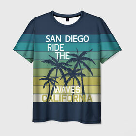Мужская футболка 3D с принтом California в Санкт-Петербурге, 100% полиэфир | прямой крой, круглый вырез горловины, длина до линии бедер | california | cool | palm trees | san diego | stripes | travel | калифорния | пальмы | полосы | прикольный | путешествие | сан диего