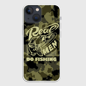 Чехол для iPhone 13 mini с принтом Real men do fishing в Санкт-Петербурге,  |  | Тематика изображения на принте: bait | black | fish | fisherman | fishing | hook | man | white | белый | занимается | камуфляж | крючок | мужчина | наживка | настоящий | реальный | рыба | рыбак | рыбалка | черный