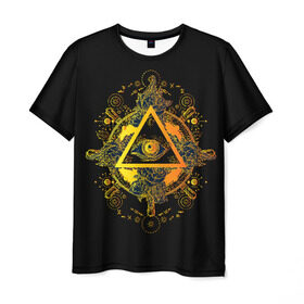 Мужская футболка 3D с принтом Всевидящее око в Санкт-Петербурге, 100% полиэфир | прямой крой, круглый вырез горловины, длина до линии бедер | Тематика изображения на принте: black | esoteric | eye | mystic | occult | orange | symbol | triangle | yellow | глаз | желтый | мистика | оккультизм | око | оранжевый | символ | треугольник | черный | эзотерика