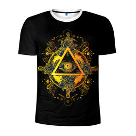 Мужская футболка 3D спортивная с принтом Всевидящее око в Санкт-Петербурге, 100% полиэстер с улучшенными характеристиками | приталенный силуэт, круглая горловина, широкие плечи, сужается к линии бедра | Тематика изображения на принте: black | esoteric | eye | mystic | occult | orange | symbol | triangle | yellow | глаз | желтый | мистика | оккультизм | око | оранжевый | символ | треугольник | черный | эзотерика