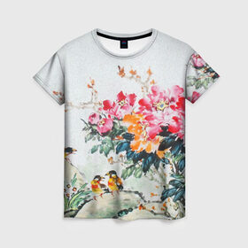 Женская футболка 3D с принтом Японские цветы в Санкт-Петербурге, 100% полиэфир ( синтетическое хлопкоподобное полотно) | прямой крой, круглый вырез горловины, длина до линии бедер | japan | japanese | искусство | картина | цветы | япония | японская гравюра | японская картина