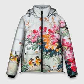 Мужская зимняя куртка 3D с принтом Японские цветы в Санкт-Петербурге, верх — 100% полиэстер; подкладка — 100% полиэстер; утеплитель — 100% полиэстер | длина ниже бедра, свободный силуэт Оверсайз. Есть воротник-стойка, отстегивающийся капюшон и ветрозащитная планка. 

Боковые карманы с листочкой на кнопках и внутренний карман на молнии. | japan | japanese | искусство | картина | цветы | япония | японская гравюра | японская картина